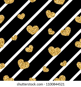 Gold heart seamless pattern. Black-white geometric stripes, golden confetti-hearts. Symbol of love, Valentine day holiday. Design wallpaper, background, fabric texture Vector illustration