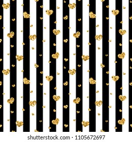 Gold heart seamless pattern. Black-white geometric stripes, golden confetti-hearts. Symbol of love, Valentine day holiday. Design wallpaper, background, fabric texture Vector illustration