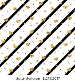 Gold heart seamless pattern. Black-white geometric stripes, golden confetti-hearts. Symbol of love, Valentine day holiday. Design wallpaper, background, fabric texture Vector illustration