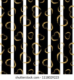 Gold heart seamless pattern. Black-white geometric stripes, golden grunge confetti-hearts. Symbol of love, Valentine day holiday. Design wallpaper, background, fabric texture Vector illustration