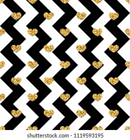 Gold heart seamless pattern. Black-white geometric zig zag, golden confetti-hearts. Symbol of love, Valentine day holiday. Design wallpaper, background, fabric texture Vector illustration