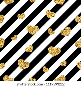Gold heart seamless pattern. Black-white geometric stripes, golden confetti-hearts. Symbol of love, Valentine day holiday. Design wallpaper, background, fabric texture Vector illustration