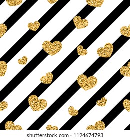 Gold heart seamless pattern. Black-white geometric stripes, golden confetti-hearts. Symbol of love, Valentine day holiday. Design wallpaper, background, fabric texture Vector illustration