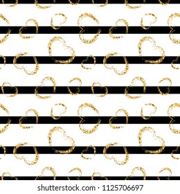 Gold heart seamless pattern. Black-white geometric stripes, golden grunge confetti-hearts. Symbol of love, Valentine day holiday. Design wallpaper, background, fabric texture Vector illustration