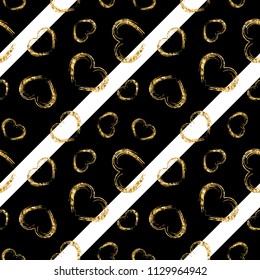 Gold heart seamless pattern. Black-white geometric stripes, golden grunge confetti-hearts. Symbol of love, Valentine day holiday. Design wallpaper, background, fabric texture Vector illustration