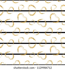 Gold heart seamless pattern. Black-white geometric stripes, golden grunge confetti-hearts. Symbol of love, Valentine day holiday. Design wallpaper, background, fabric texture Vector illustration