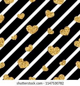Gold heart seamless pattern. Black-white geometric stripes, golden confetti-hearts. Symbol of love, Valentine day holiday. Design wallpaper, background, fabric texture Vector illustration