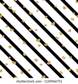 Gold heart seamless pattern. Black-white geometric stripes, golden confetti-hearts. Symbol of love, Valentine day holiday. Design wallpaper, background, fabric texture Vector illustration
