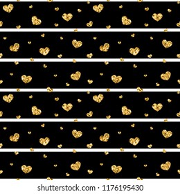 Gold heart seamless pattern. Black-white geometric stripes, golden confetti-hearts. Symbol of love, Valentine day holiday. Design wallpaper, background, fabric texture Vector illustration