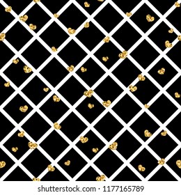 Gold heart seamless pattern. Black-white geometric decoration, golden confetti-hearts. Symbol of love, Valentine day holiday. Design wallpaper, background, fabric texture Vector illustration
