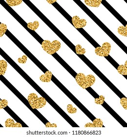 Gold heart seamless pattern. Black-white geometric stripes, golden confetti-hearts. Symbol of love, Valentine day holiday. Design wallpaper, background, fabric texture Vector illustration