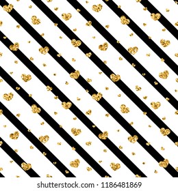 Gold heart seamless pattern. Black-white geometric stripes, golden confetti-hearts. Symbol of love, Valentine day holiday. Design wallpaper, background, fabric texture Vector illustration