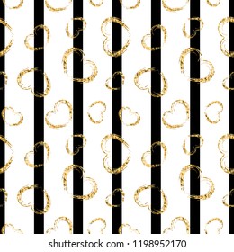 Gold heart seamless pattern. Black-white geometric stripes, golden grunge confetti-hearts. Symbol of love, Valentine day holiday. Design wallpaper, background, fabric texture Vector illustration