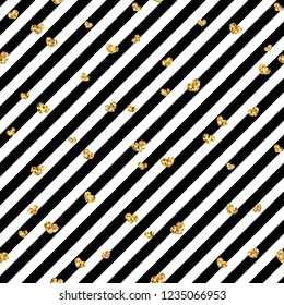 Gold heart seamless pattern. Black-white geometric stripes, golden confetti-hearts. Symbol of love, Valentine day holiday. Design wallpaper, background, fabric texture Vector illustration
