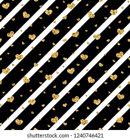 Gold heart seamless pattern. Black-white geometric stripes, golden confetti-hearts. Symbol of love, Valentine day holiday. Design wallpaper, background, fabric texture Vector illustration