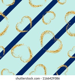 Gold heart seamless pattern. Blue geometric stripes, golden grunge confetti-hearts. Symbol of love, Valentine day holiday. Design wallpaper, background, fabric texture Vector illustration