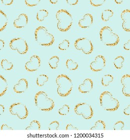 Gold heart seamless pattern. Blue color, golden grunge confetti-hearts. Symbol of love, Valentine day holiday. Design wallpaper, background, fabric texture Vector illustration