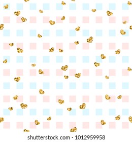 Gold heart seamless pattern. Blue-pink-white geometric square, golden confetti-hearts. Symbol of love, Valentine day holiday. Design wallpaper, background, fabric texture Vector illustration