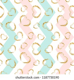 Gold heart seamless pattern. Blue-pink-white geometric zig zag, golden grunge confetti-hearts. Symbol love, Valentine day holiday. Design wallpaper, background, fabric texture Vector illustration