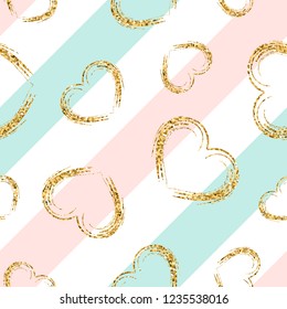 Gold heart seamless pattern. Blue-pink-white geometric stripes, golden grunge confetti-hearts. Symbol of love, Valentine day holiday. Design wallpaper, background, fabric texture Vector illustration