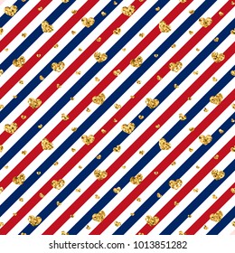 Gold heart seamless pattern. Blue-red-white geometric stripes, golden confetti-hearts. Symbol of love, Valentine day holiday. Design wallpaper, background, fabric texture Vector illustration