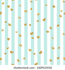 Gold heart seamless pattern. Blue-white geometric stripes, golden confetti-hearts. Symbol of love, Valentine day holiday. Design wallpaper, background, fabric texture Vector illustration