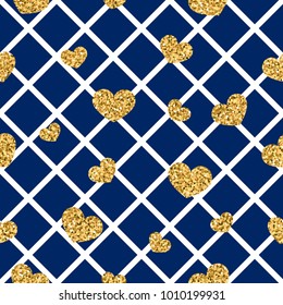 Gold heart seamless pattern. Blue-white geometric decoration, golden confetti-hearts. Symbol of love, Valentine day holiday. Design wallpaper, background, fabric texture Vector illustration