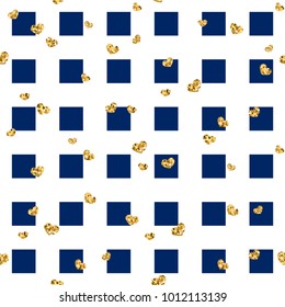 Gold heart seamless pattern. Blue-white geometric square, golden confetti-hearts. Symbol of love, Valentine day holiday. Design wallpaper, background, fabric texture Vector illustration