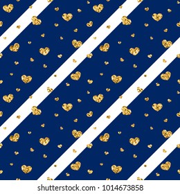 Gold heart seamless pattern. Blue-white geometric stripes, golden confetti-hearts. Symbol of love, Valentine day holiday. Design wallpaper, background, fabric texture Vector illustration