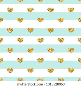 Gold heart seamless pattern. Blue-white geometric stripes, golden confetti-hearts. Symbol of love, Valentine day holiday. Design wallpaper, background, fabric texture Vector illustration