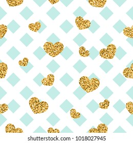 Gold heart seamless pattern. Blue-white geometric decoration, golden confetti-hearts. Symbol of love, Valentine day holiday. Design wallpaper, background, fabric texture Vector illustration