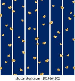 Gold heart seamless pattern. Blue-white geometric stripes, golden confetti-hearts. Symbol of love, Valentine day holiday. Design wallpaper, background, fabric texture Vector illustration