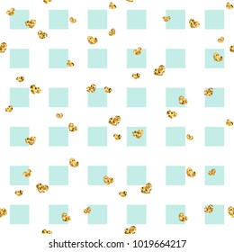 Gold heart seamless pattern. Blue-white geometric square, golden confetti-hearts. Symbol of love, Valentine day holiday. Design wallpaper, background, fabric texture Vector illustration