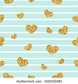 Gold heart seamless pattern. Blue-white geometric stripes, golden confetti-hearts. Symbol of love, Valentine day holiday. Design wallpaper, background, fabric texture Vector illustration