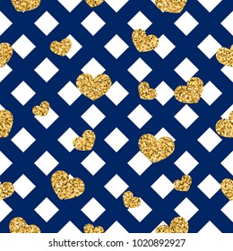 Gold heart seamless pattern. Blue-white geometric decoration, golden confetti-hearts. Symbol of love, Valentine day holiday. Design wallpaper, background, fabric texture Vector illustration