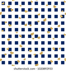 Gold heart seamless pattern. Blue-white geometric square, golden confetti-hearts. Symbol of love, Valentine day holiday. Design wallpaper, background, fabric texture Vector illustration