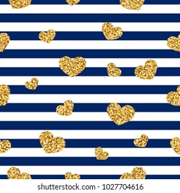 Gold heart seamless pattern. Blue-white geometric stripes, golden confetti-hearts. Symbol of love, Valentine day holiday. Design wallpaper, background, fabric texture Vector illustration