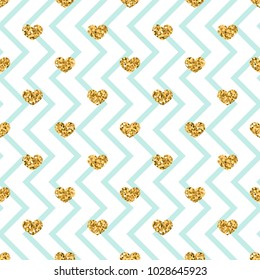 Gold heart seamless pattern. Blue-white geometric zig zag, golden confetti-hearts. Symbol of love, Valentine day holiday. Design wallpaper, background, fabric texture Vector illustration
