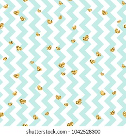 Gold heart seamless pattern. Blue-white geometric zig zag, golden confetti-hearts. Symbol of love, Valentine day holiday. Design wallpaper, background, fabric texture Vector illustration