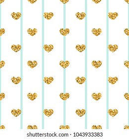 Gold heart seamless pattern. Blue-white geometric stripes, golden confetti-hearts. Symbol of love, Valentine day holiday. Design wallpaper, background, fabric texture Vector illustration