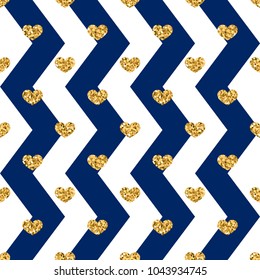 Gold heart seamless pattern. Blue-white geometric zig zag, golden confetti-hearts. Symbol of love, Valentine day holiday. Design wallpaper, background, fabric texture Vector illustration