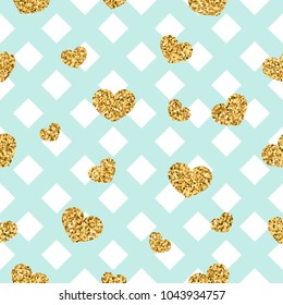 Gold heart seamless pattern. Blue-white geometric decoration, golden confetti-hearts. Symbol of love, Valentine day holiday. Design wallpaper, background, fabric texture Vector illustration