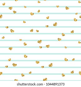 Gold heart seamless pattern. Blue-white geometric stripes, golden confetti-hearts. Symbol of love, Valentine day holiday. Design wallpaper, background, fabric texture Vector illustration
