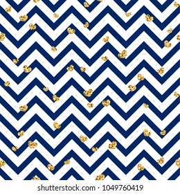 Gold heart seamless pattern. Blue-white geometric zig zag, golden confetti-hearts. Symbol of love, Valentine day holiday. Zigzag design wallpaper, background, texture Vector illustration