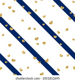 Gold heart seamless pattern. Blue-white geometric stripes, golden confetti-hearts. Symbol of love, Valentine day holiday. Design wallpaper, background, fabric texture Vector illustration