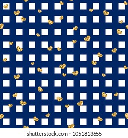 Gold heart seamless pattern. Blue-white geometric square, golden confetti-hearts. Symbol of love, Valentine day holiday. Design wallpaper, background, fabric texture Vector illustration