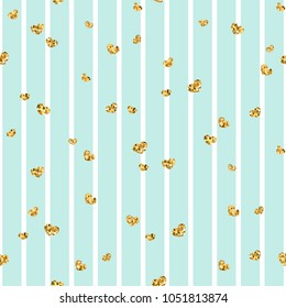 Gold heart seamless pattern. Blue-white geometric stripes, golden confetti-hearts. Symbol of love, Valentine day holiday. Design wallpaper, background, fabric texture Vector illustration