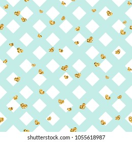 Gold heart seamless pattern. Blue-white geometric decoration, golden confetti-hearts. Symbol of love, Valentine day holiday. Design wallpaper, background, fabric texture Vector illustration