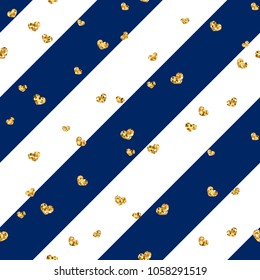 Gold heart seamless pattern. Blue-white geometric stripes, golden confetti-hearts. Symbol of love, Valentine day holiday. Design wallpaper, background, fabric texture Vector illustration