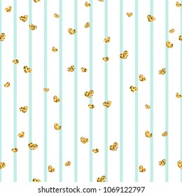 Gold heart seamless pattern. Blue-white geometric stripes, golden confetti-hearts. Symbol of love, Valentine day holiday. Design wallpaper, background, fabric texture Vector illustration